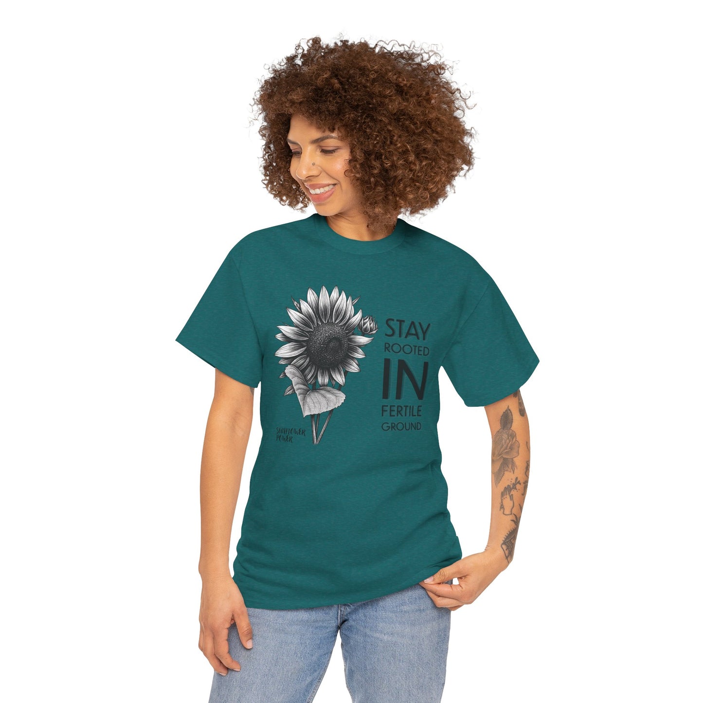 Sunflower Power Tee - Stay Rooted in Fertile Ground (Words in Black)
