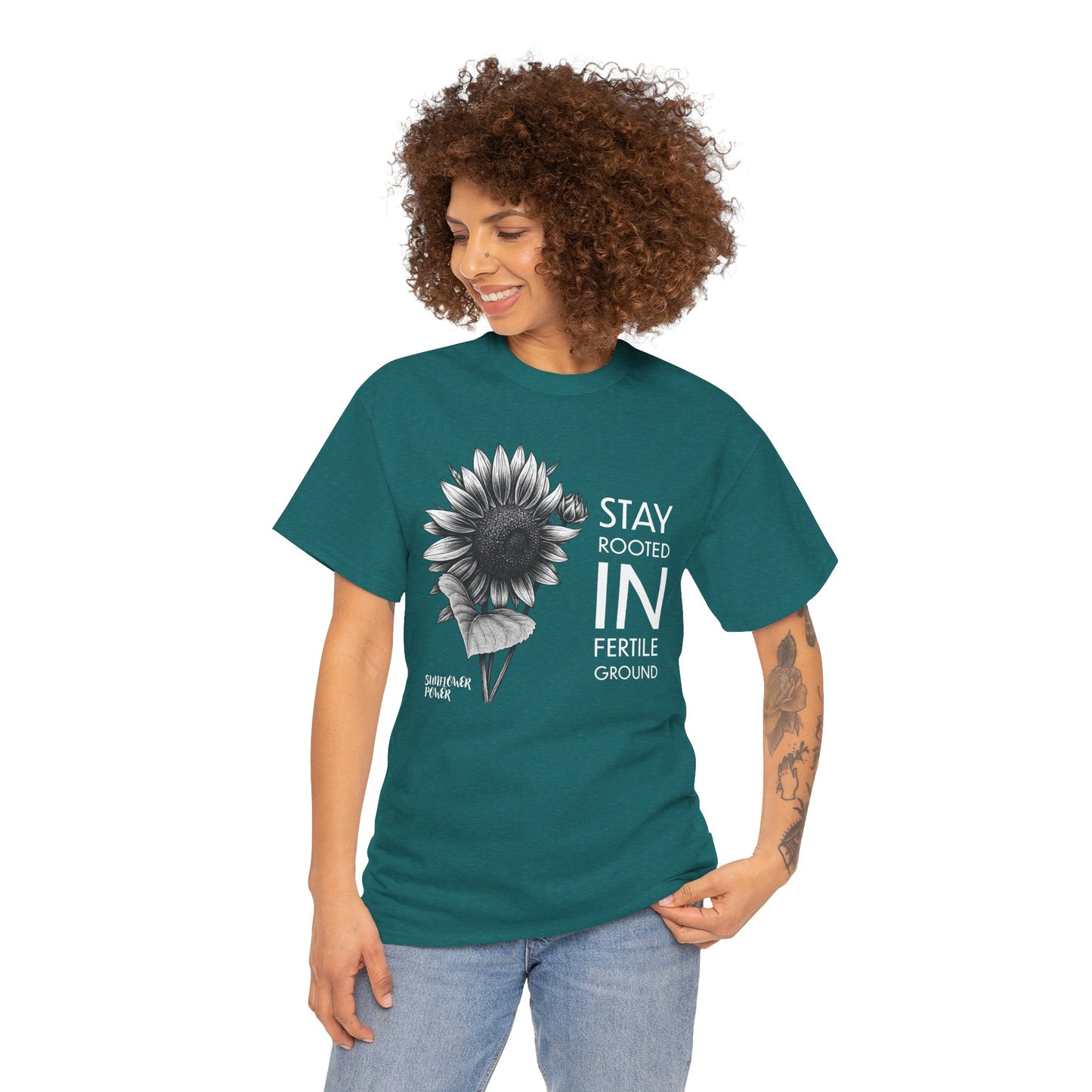 Sunflower Power Tee - Stay Rooted in Fertile Ground/Words In White