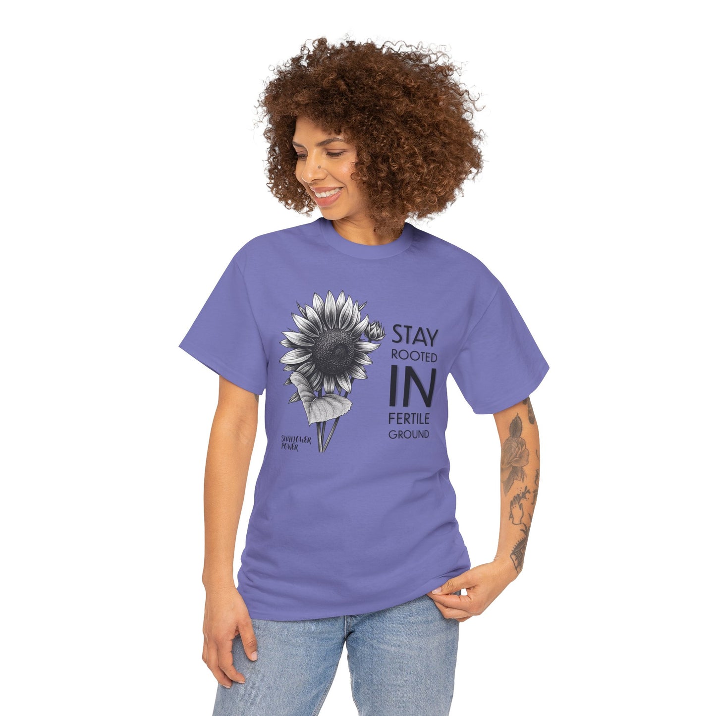 Sunflower Power Tee - Stay Rooted in Fertile Ground (Words in Black)