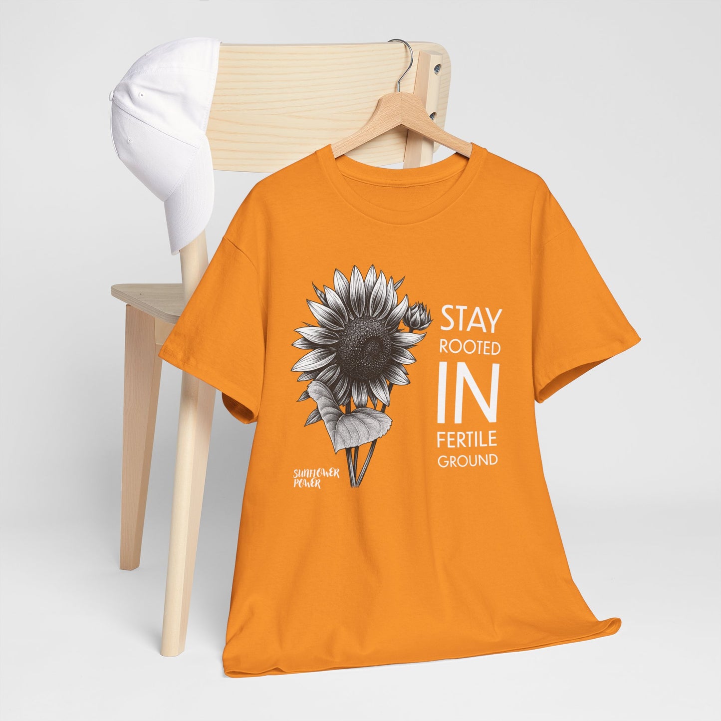 Sunflower Power Tee - Stay Rooted in Fertile Ground/Words In White