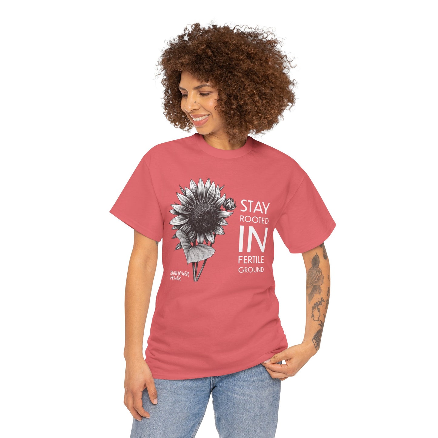 Sunflower Power Tee - Stay Rooted in Fertile Ground/Words In White