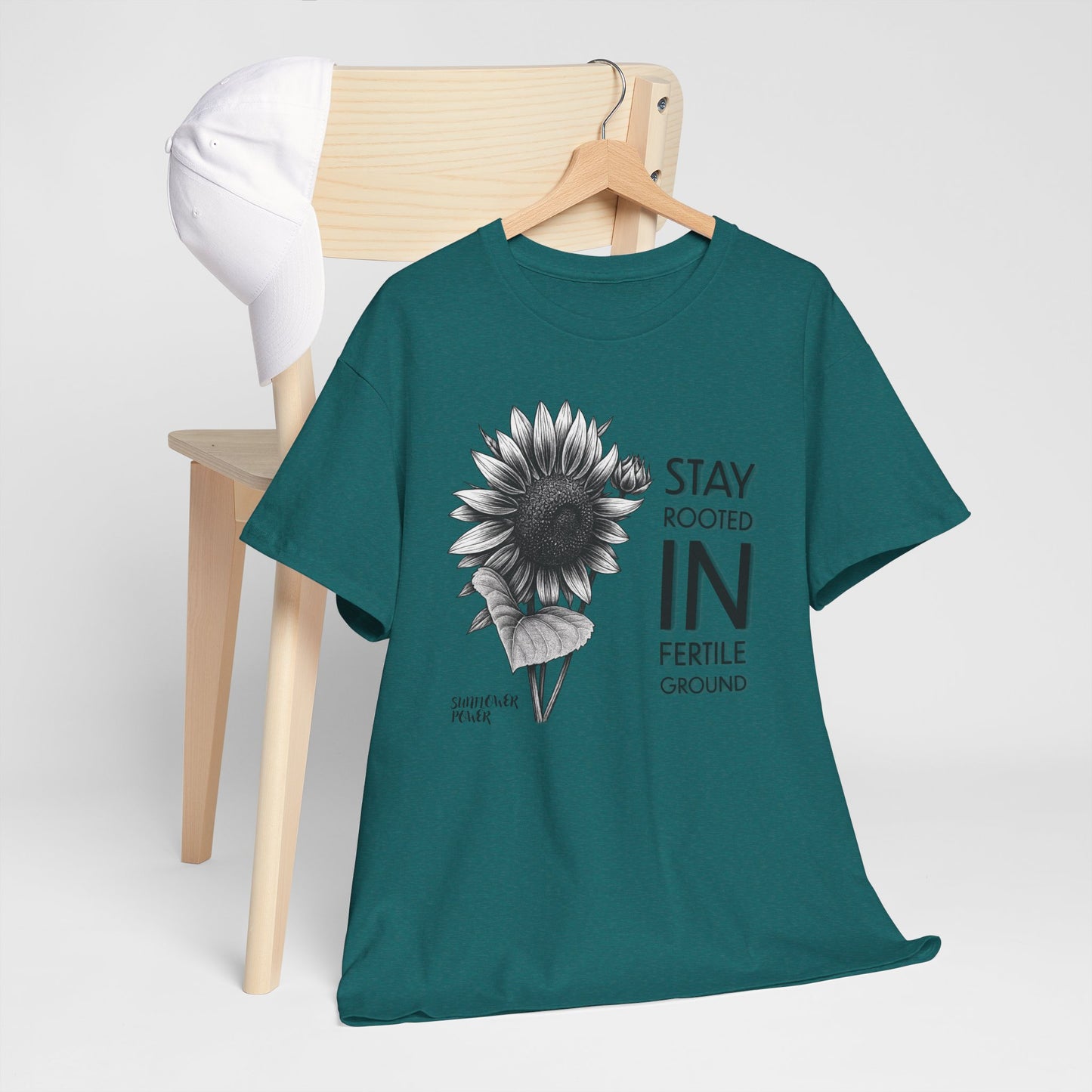 Sunflower Power Tee - Stay Rooted in Fertile Ground (Words in Black)