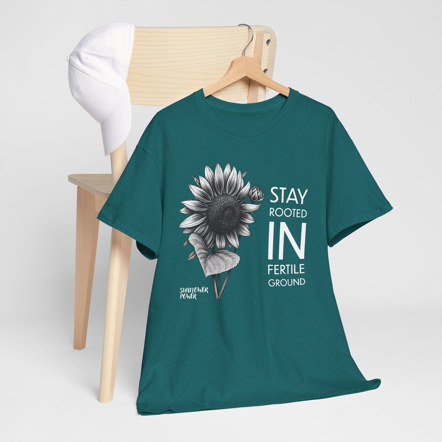 Sunflower Power Tee - Stay Rooted in Fertile Ground/Words In White