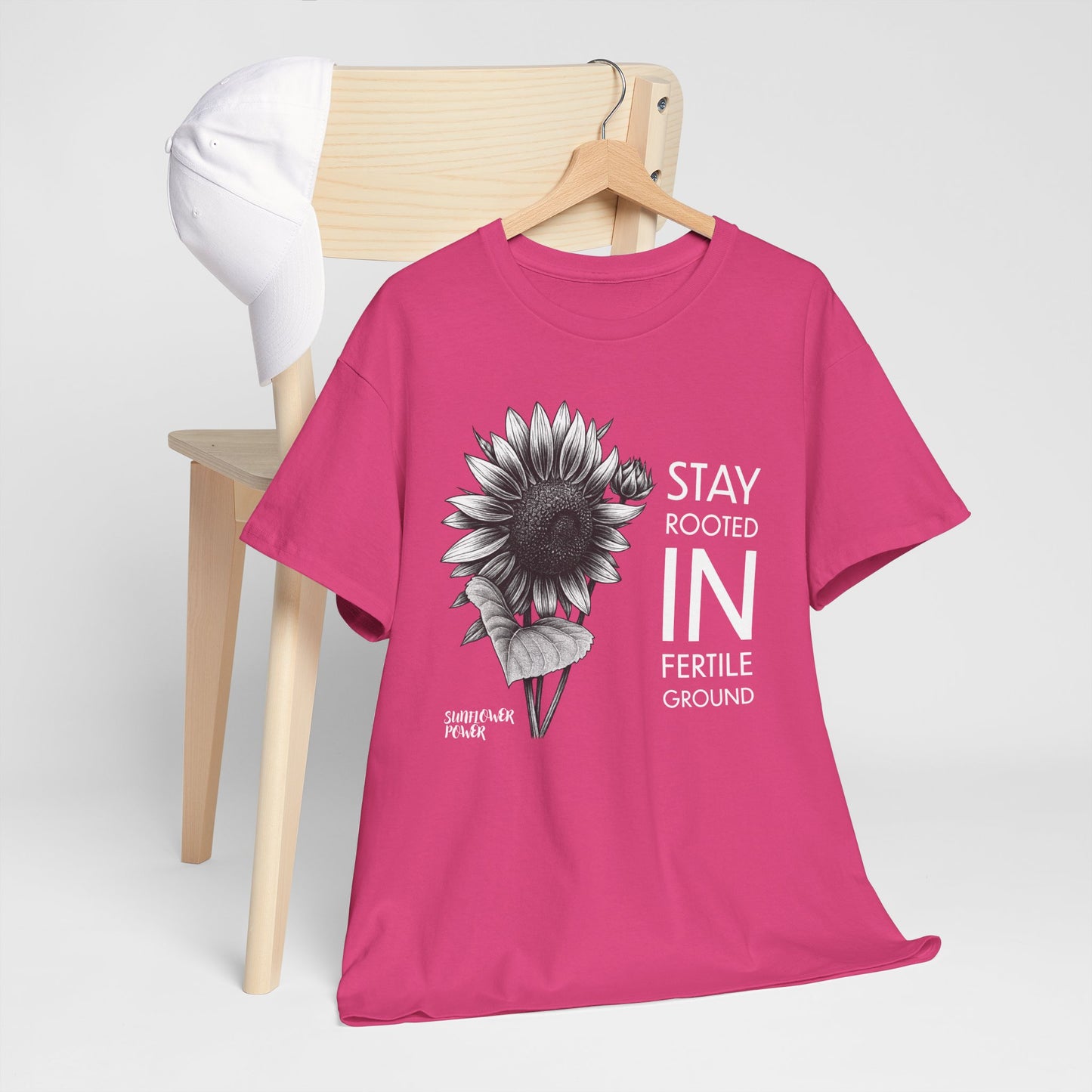 Sunflower Power Tee - Stay Rooted in Fertile Ground/Words In White