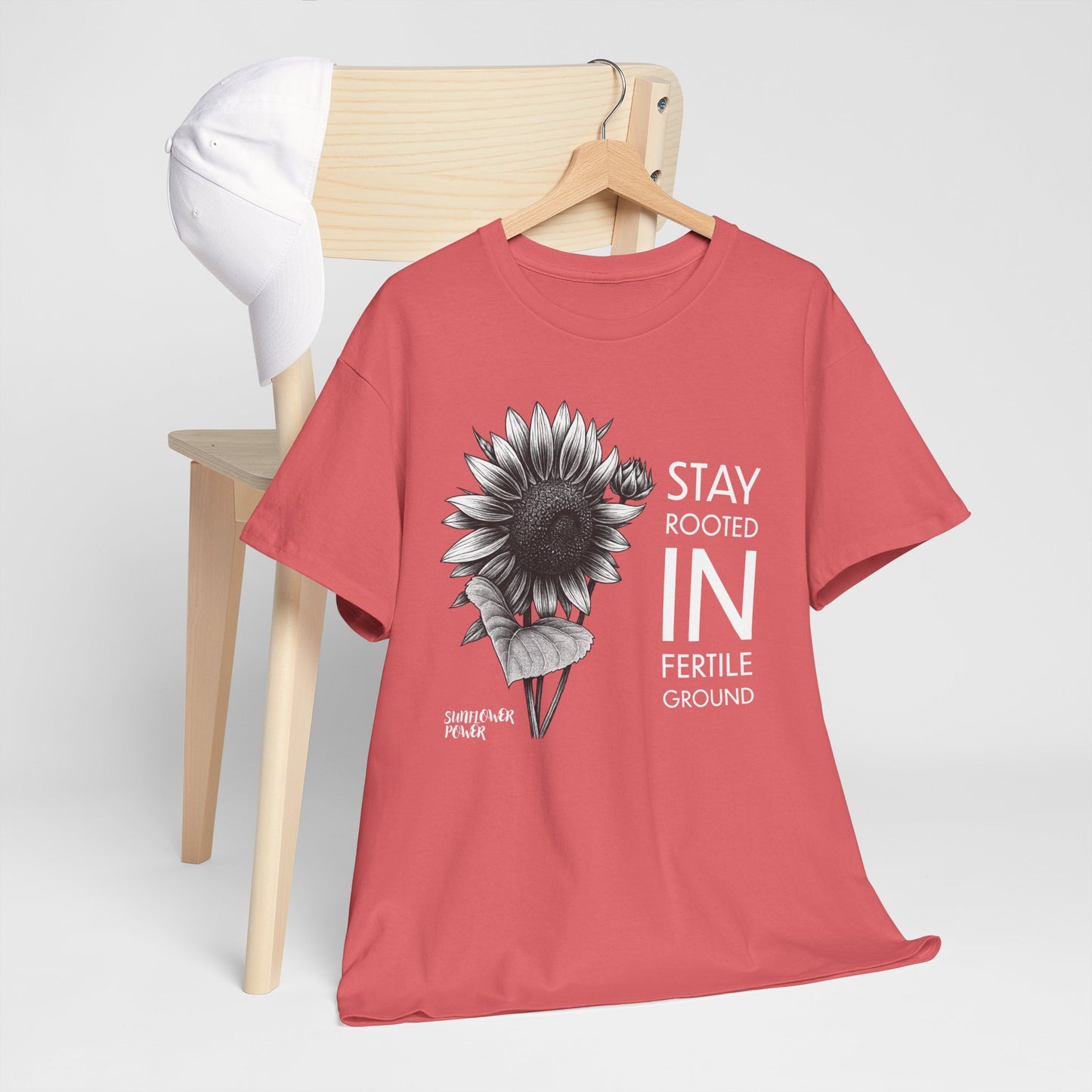 Sunflower Power Tee - Stay Rooted in Fertile Ground/Words In White