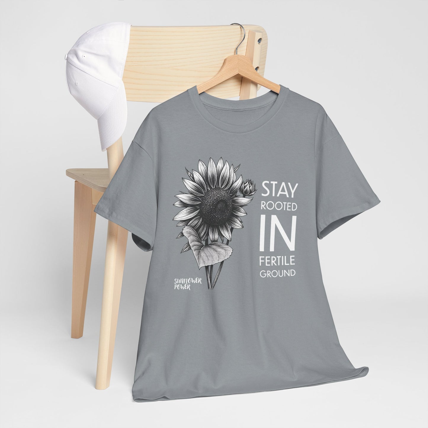 Sunflower Power Tee - Stay Rooted in Fertile Ground/Words In White