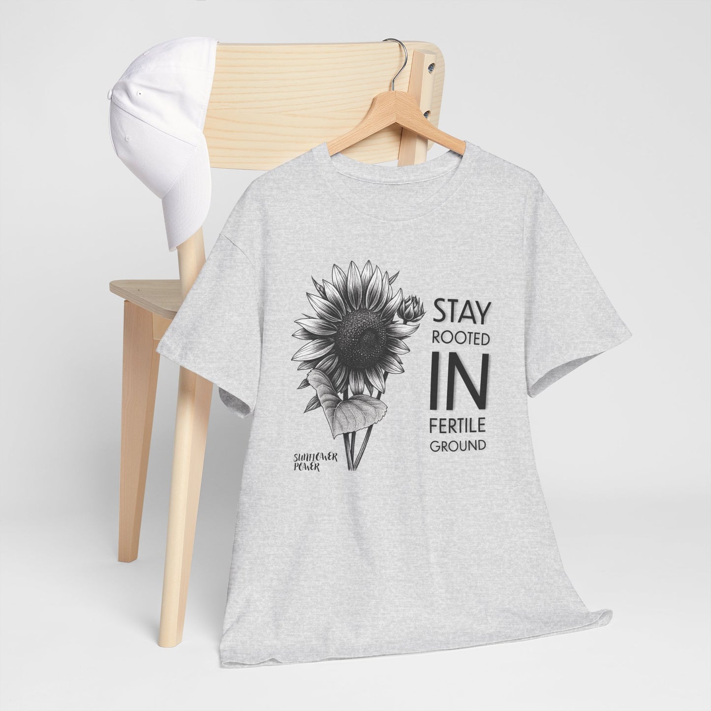 Sunflower Power Tee - Stay Rooted in Fertile Ground (Words in Black)