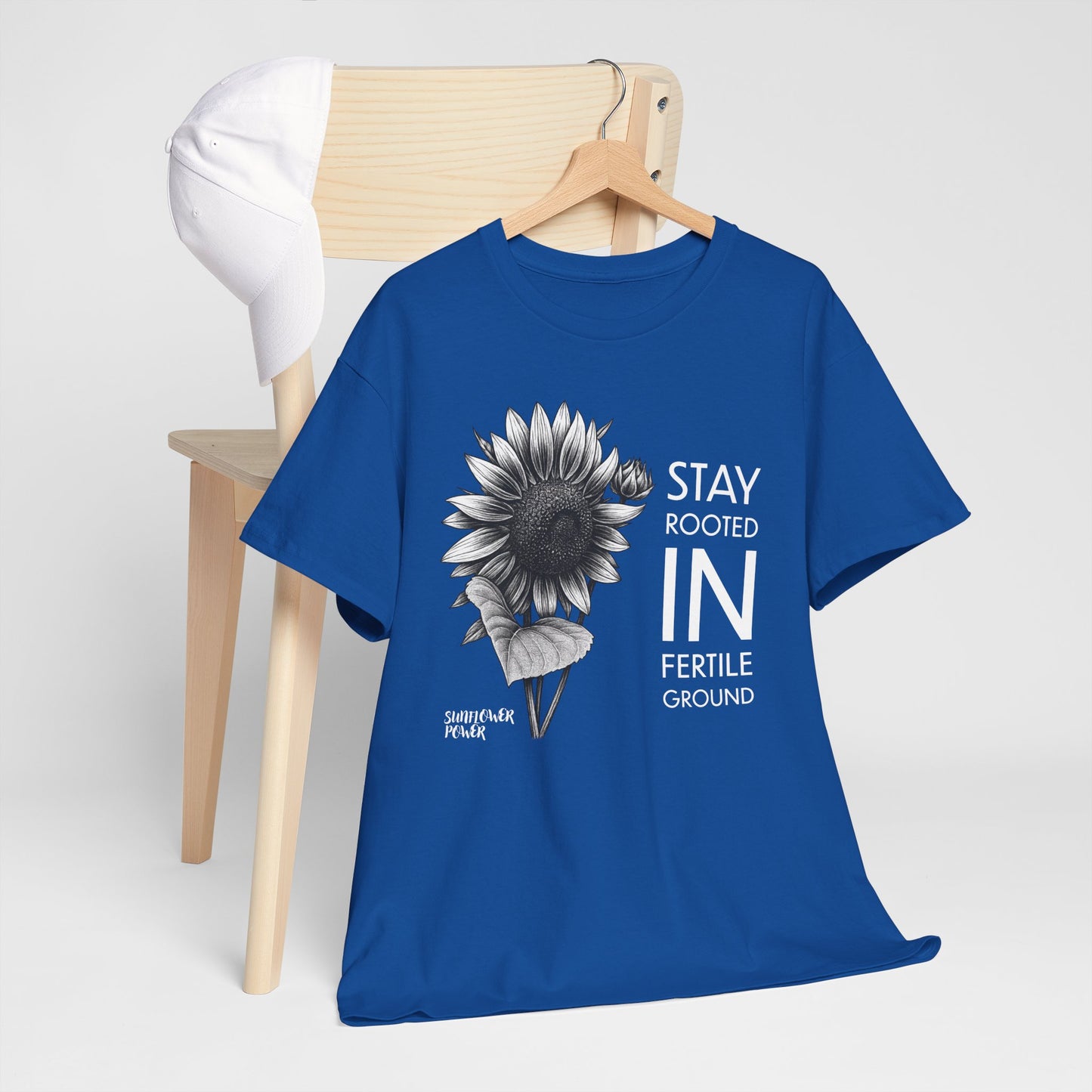 Sunflower Power Tee - Stay Rooted in Fertile Ground/Words In White