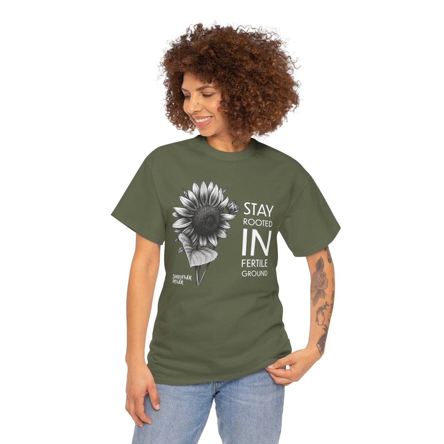 Sunflower Power Tee - Stay Rooted in Fertile Ground/Words In White