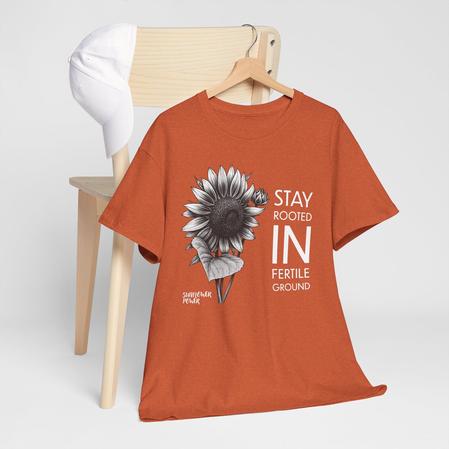 Sunflower Power Tee - Stay Rooted in Fertile Ground/Words In White