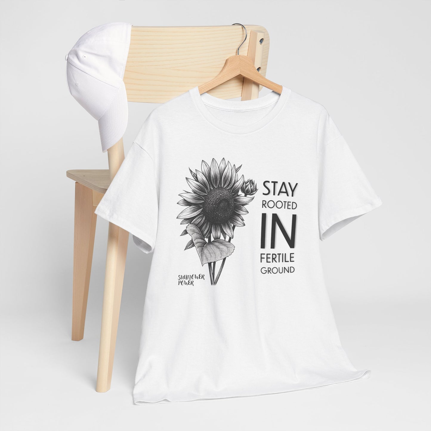 Sunflower Power Tee - Stay Rooted in Fertile Ground (Words in Black)