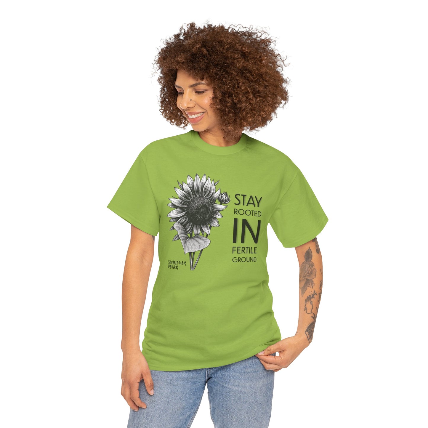 Sunflower Power Tee - Stay Rooted in Fertile Ground (Words in Black)