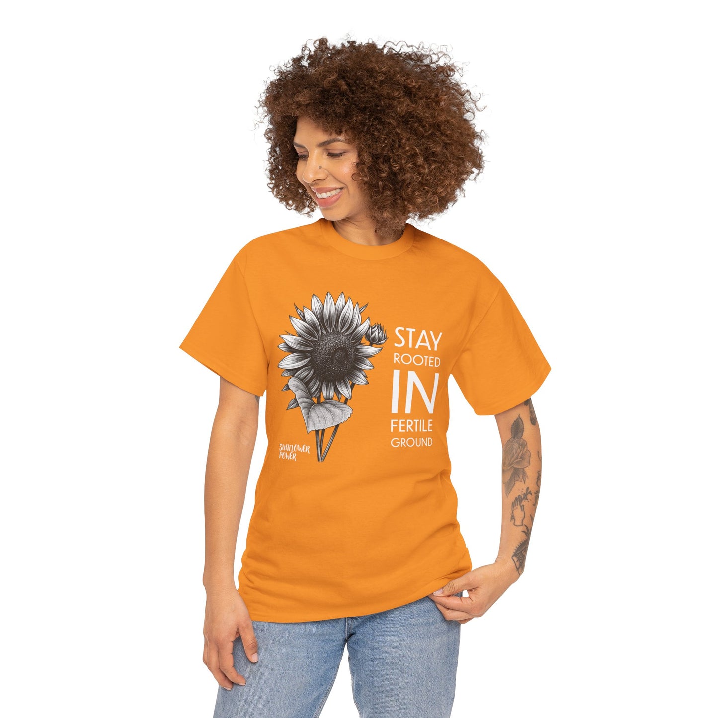 Sunflower Power Tee - Stay Rooted in Fertile Ground/Words In White