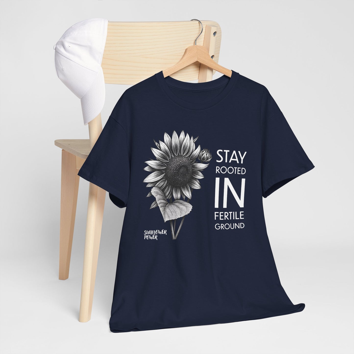 Sunflower Power Tee - Stay Rooted in Fertile Ground/Words In White