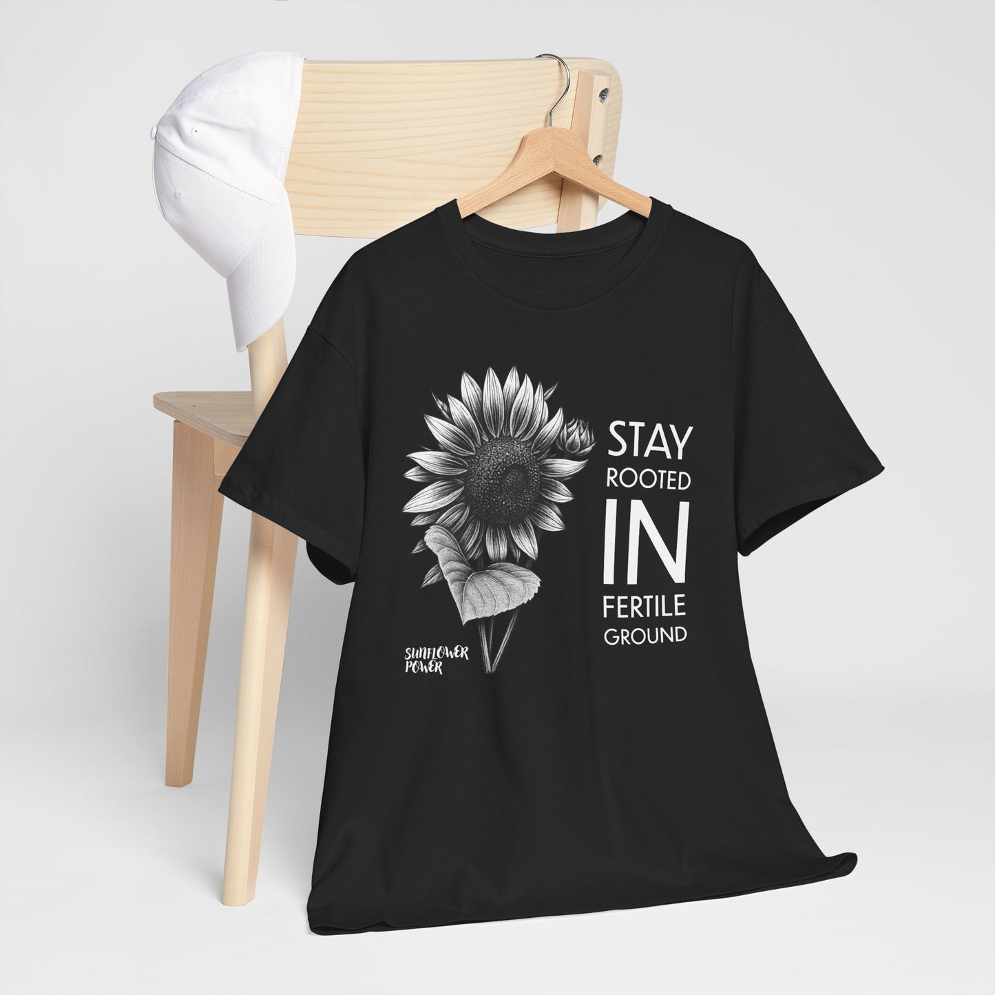 Sunflower Power Tee - Stay Rooted in Fertile Ground/Words In White