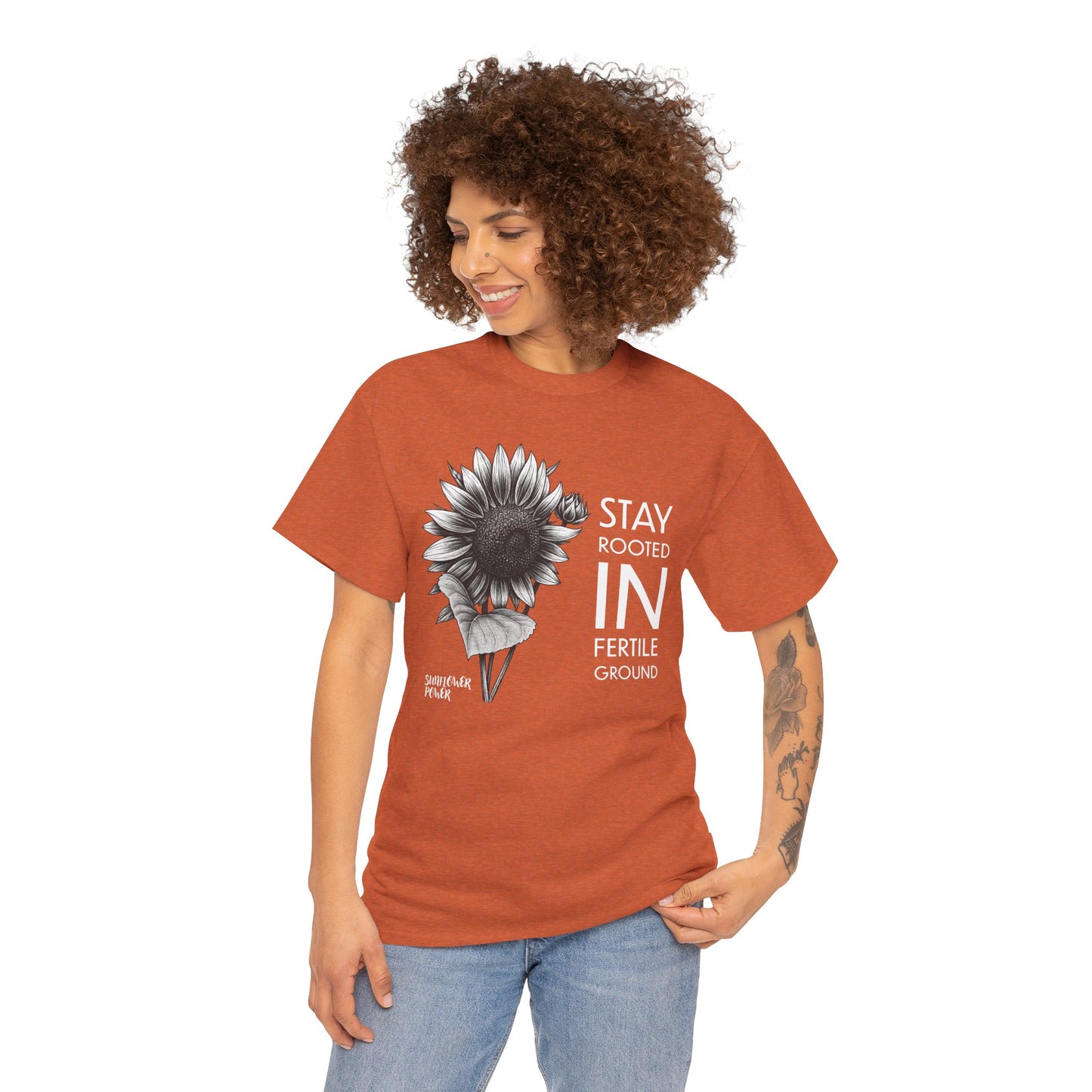Sunflower Power Tee - Stay Rooted in Fertile Ground/Words In White