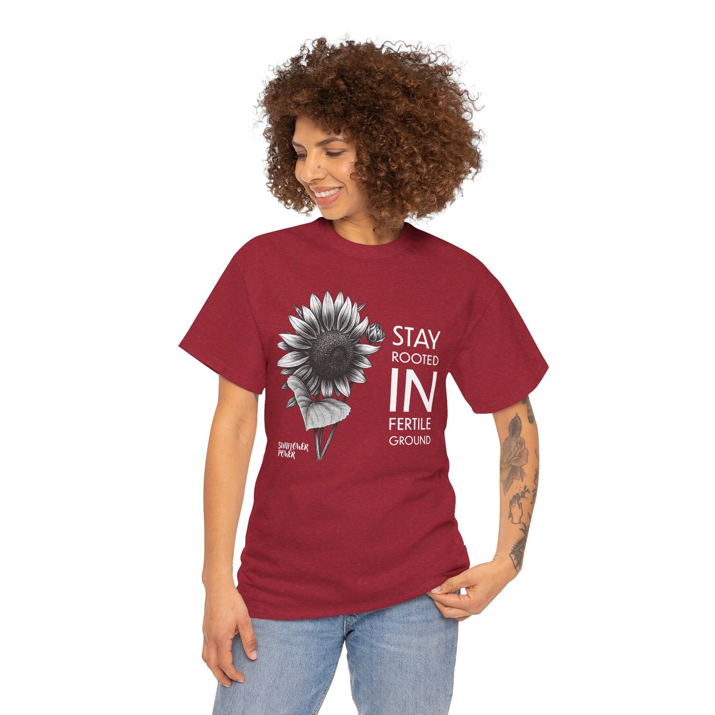 Sunflower Power Tee - Stay Rooted in Fertile Ground/Words In White