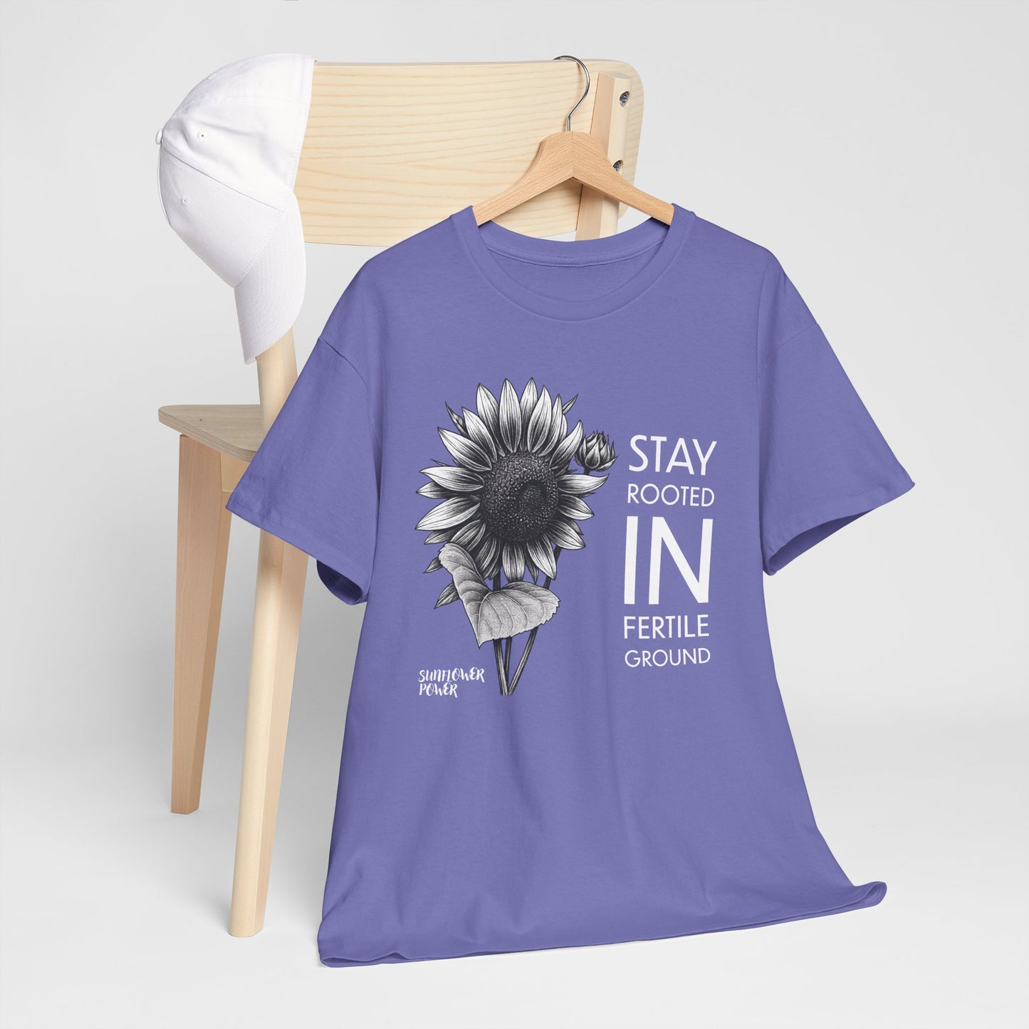 Sunflower Power Tee - Stay Rooted in Fertile Ground/Words In White