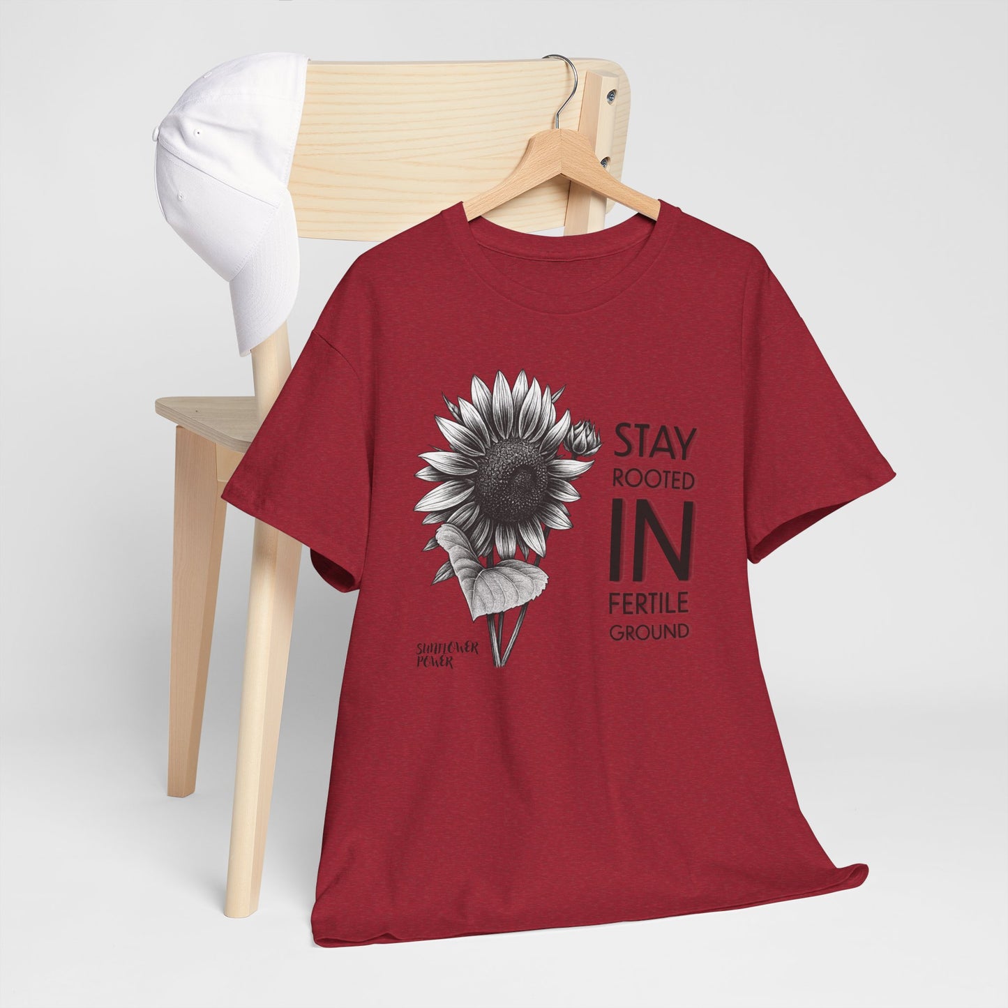 Sunflower Power Tee - Stay Rooted in Fertile Ground (Words in Black)