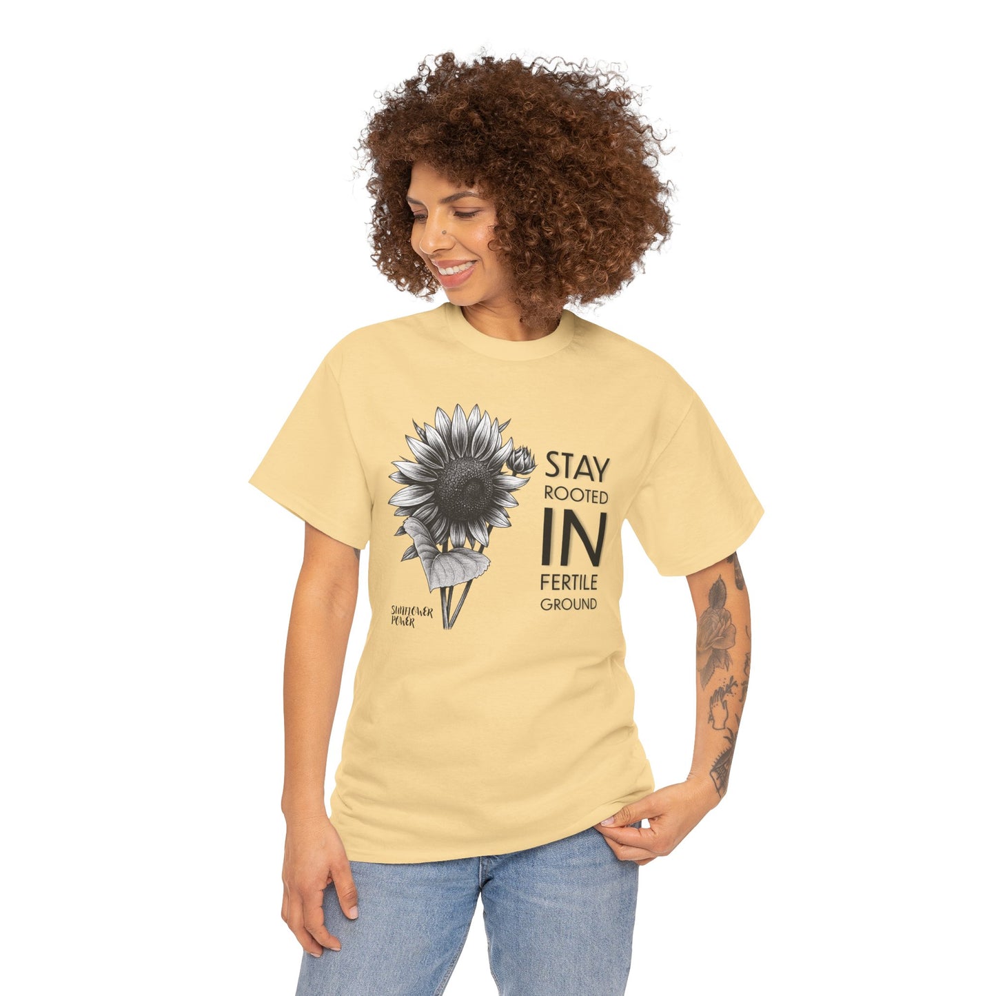 Sunflower Power Tee - Stay Rooted in Fertile Ground (Words in Black)