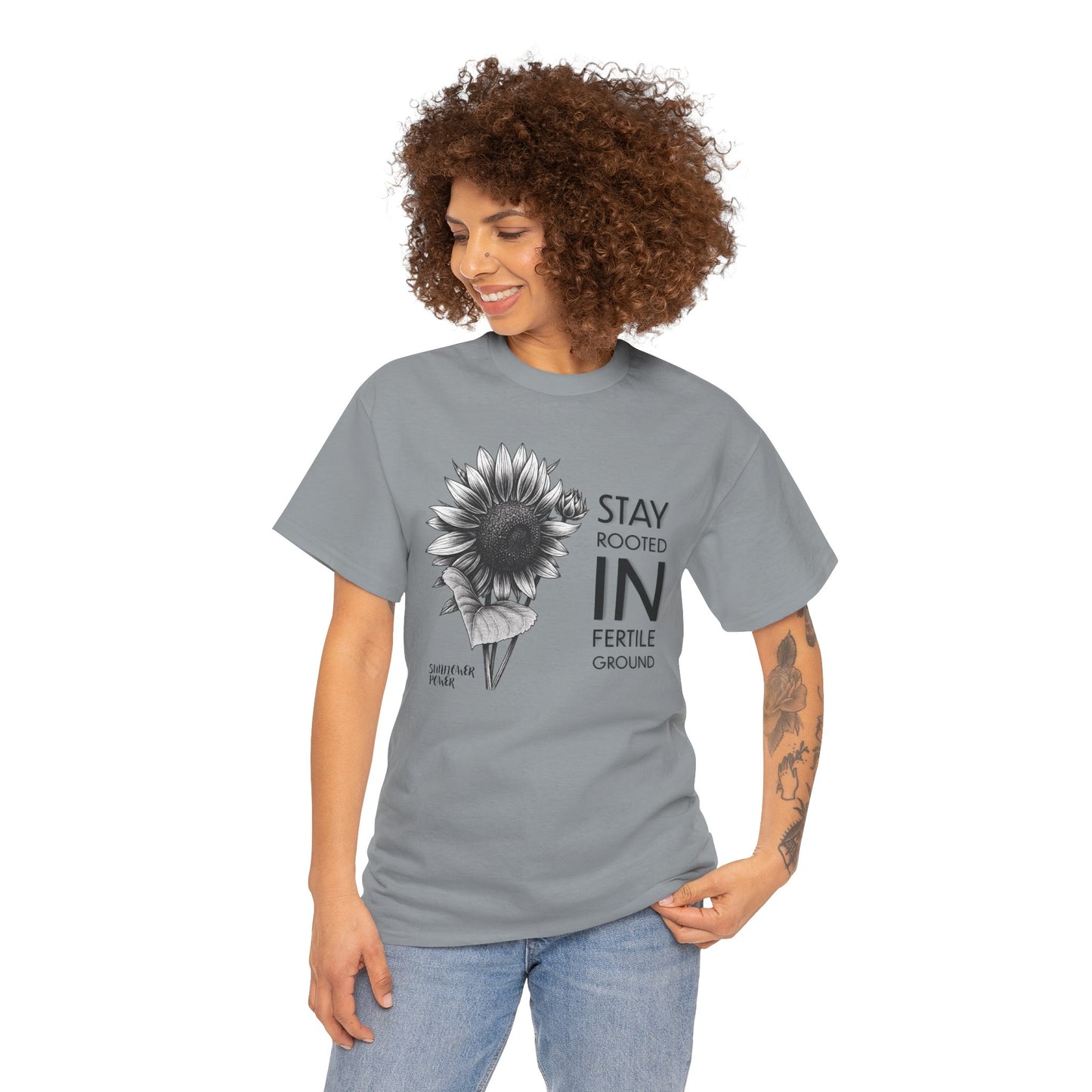 Sunflower Power Tee - Stay Rooted in Fertile Ground (Words in Black)