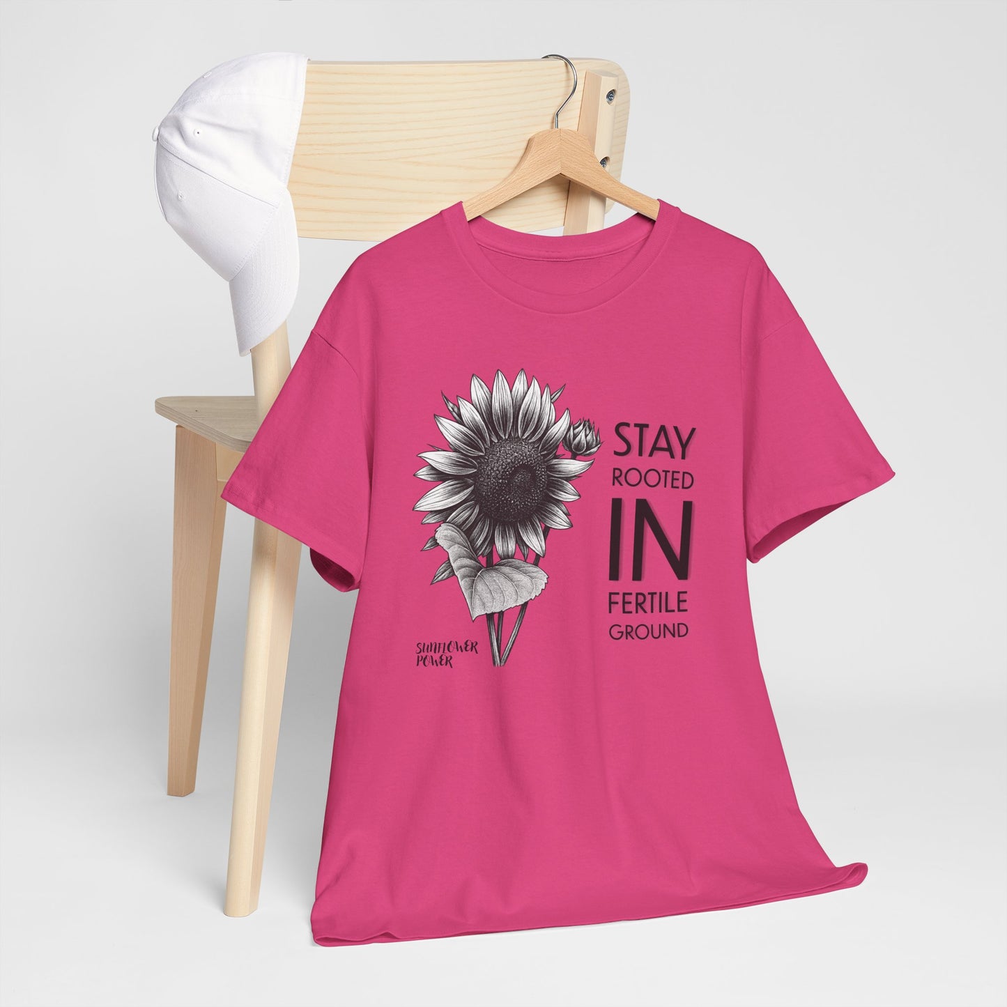 Sunflower Power Tee - Stay Rooted in Fertile Ground (Words in Black)