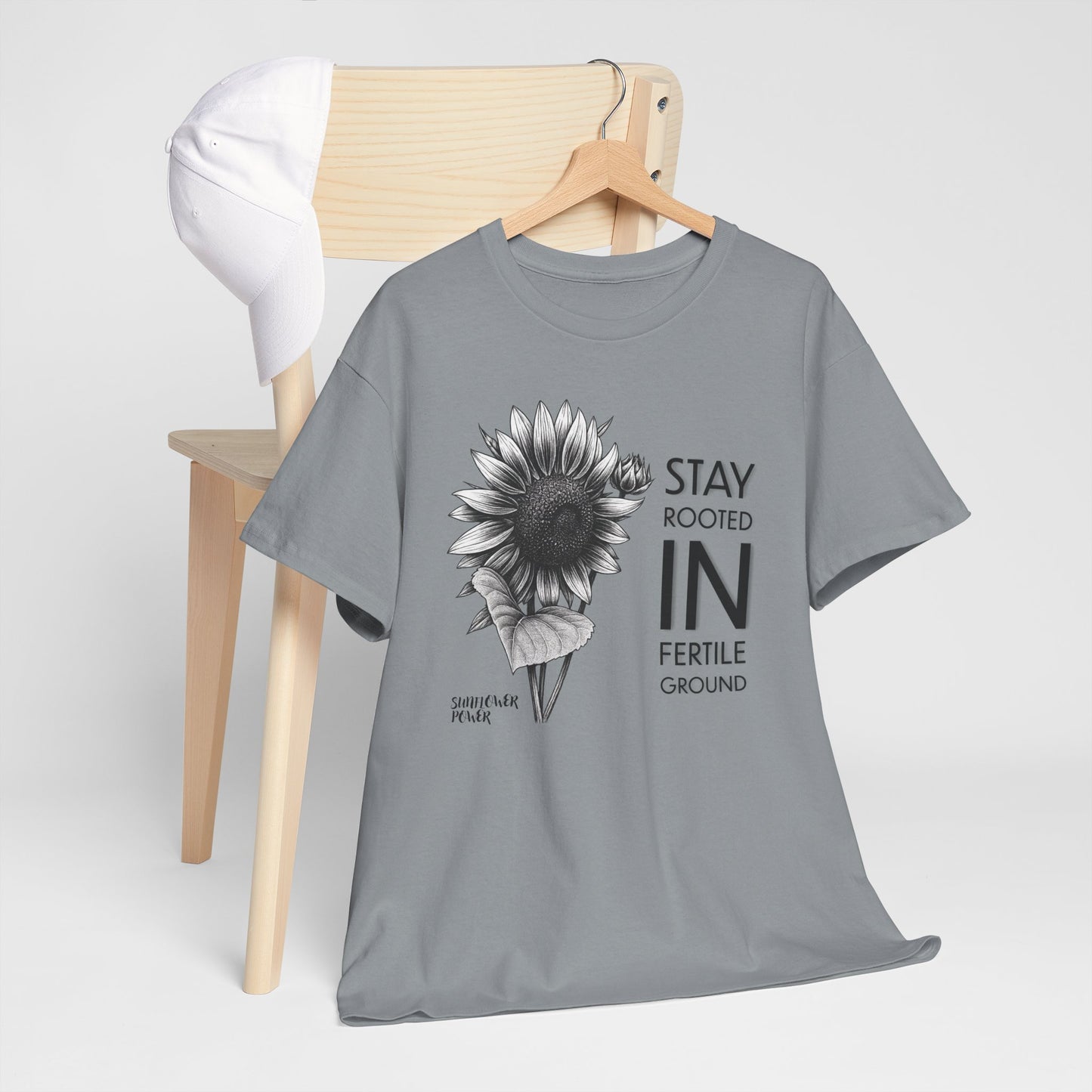 Sunflower Power Tee - Stay Rooted in Fertile Ground (Words in Black)