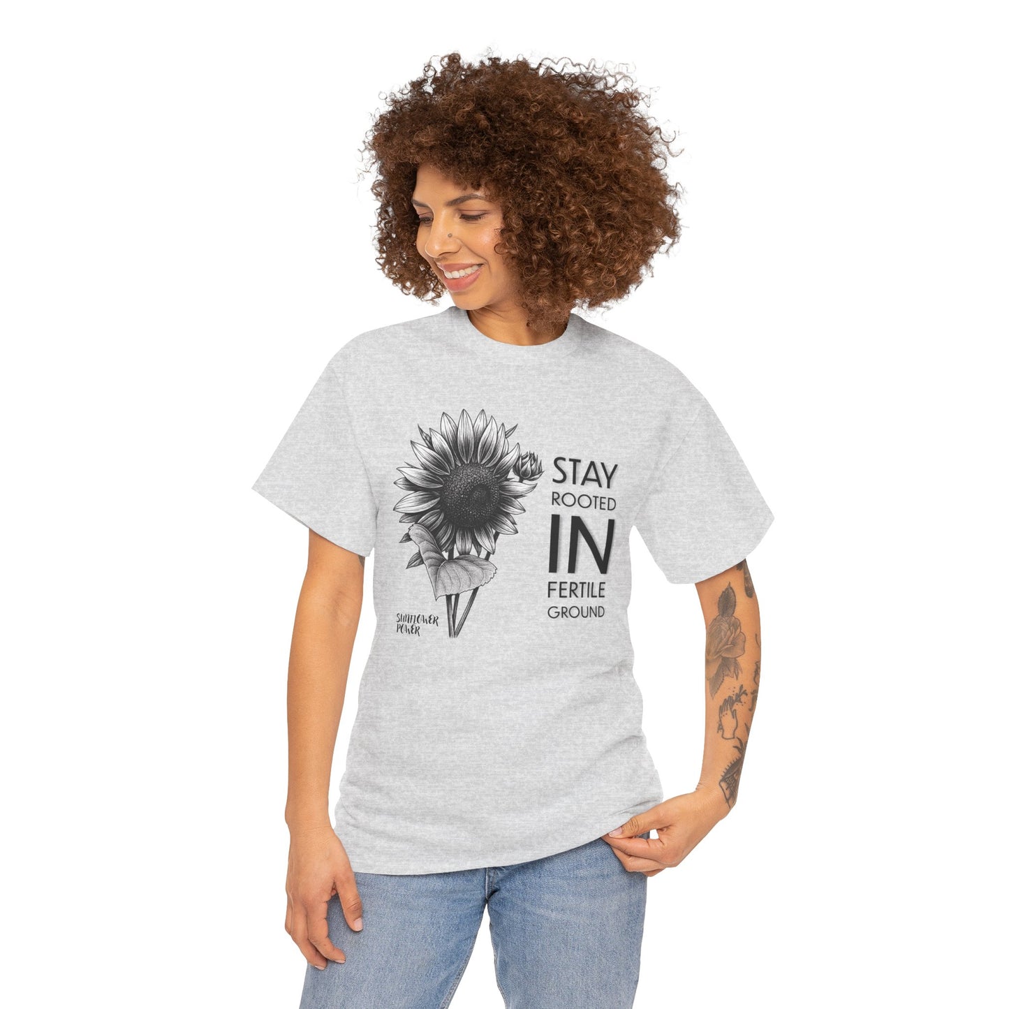 Sunflower Power Tee - Stay Rooted in Fertile Ground (Words in Black)