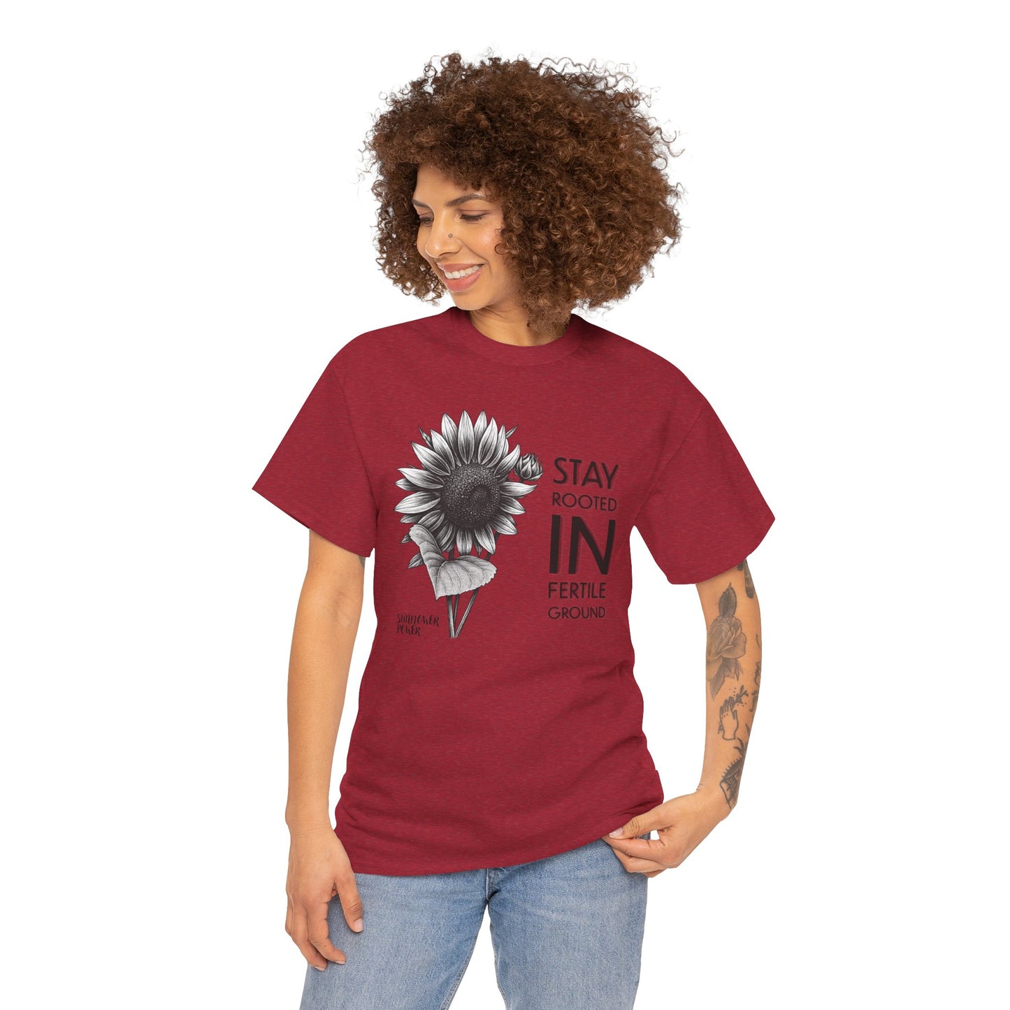 Sunflower Power Tee - Stay Rooted in Fertile Ground (Words in Black)