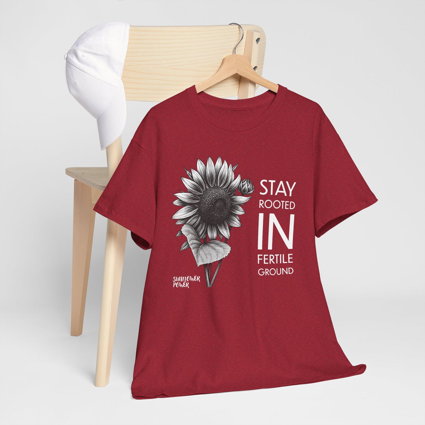 Sunflower Power Tee - Stay Rooted in Fertile Ground/Words In White