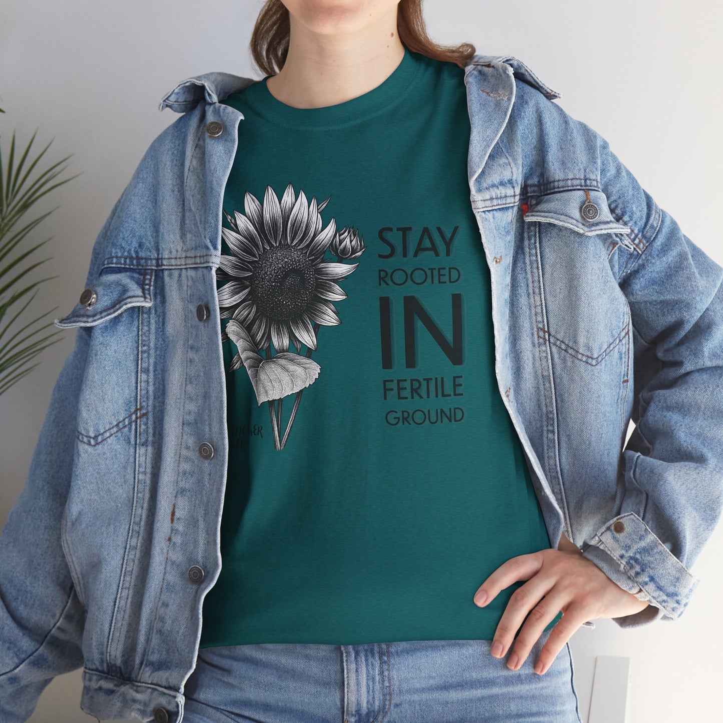 Sunflower Power Tee - Stay Rooted in Fertile Ground (Words in Black)