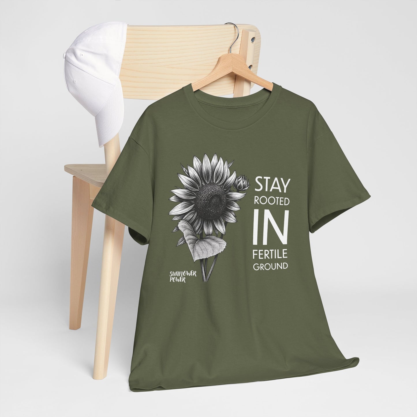 Sunflower Power Tee - Stay Rooted in Fertile Ground/Words In White